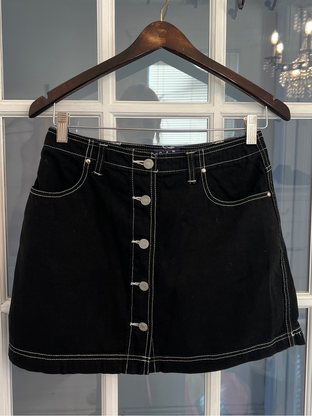 Gap Womenβs Black Denim Button Front Mini Skirt White Contrast Stitch Size 6